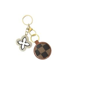 Checkered Brown Keychain with Gold Accents